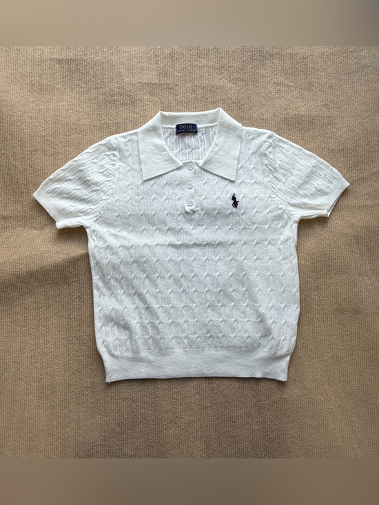 Polo Ralph Lauren Tops - Polo by Ralph Lauren White Short Sleeve Cable Polo with Navy Pony